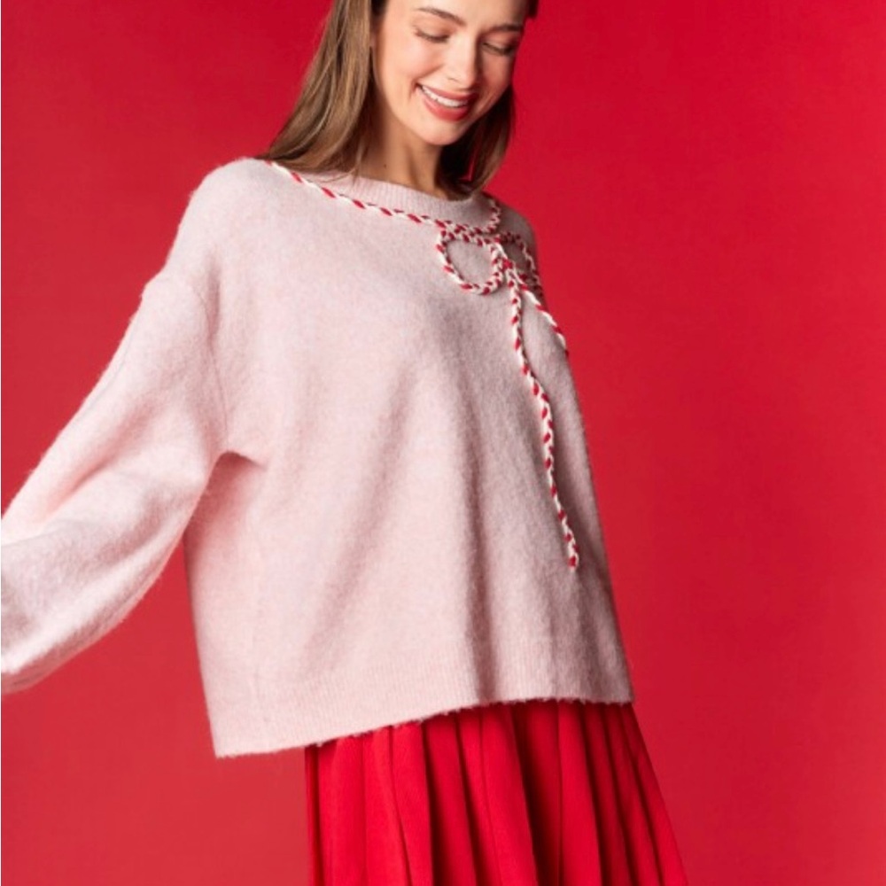 Rareraw Sweater in Pink with Candy Cane Bow. Recycled Finer Blend. NWT - Picture 7 of 16
